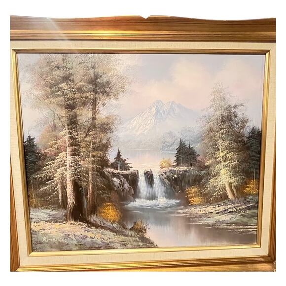 R Thomas Oil Painting On Canvas Waterfall Mountain River Pine Trees Forest 25x29 - Picture 3 of 9
